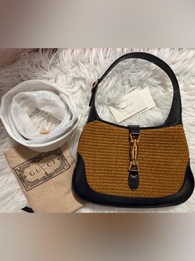 Gucci Jackie 1961 Raffia Small 2-Way Shoulder Bag Brown Raffia Handbag Full Incl